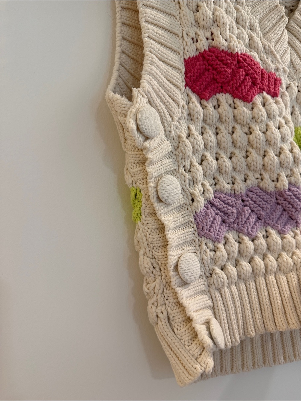 Zara Cream V-Neck Sweater Vest with Pink, Orange, Lime, and Lavender Accents - Picture 2 of 6